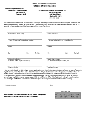 Clarion University Release of Information Form