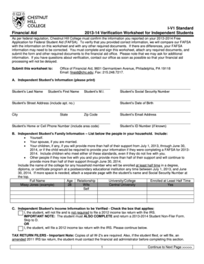 2013-2014 Verification Worksheet for Independent Students