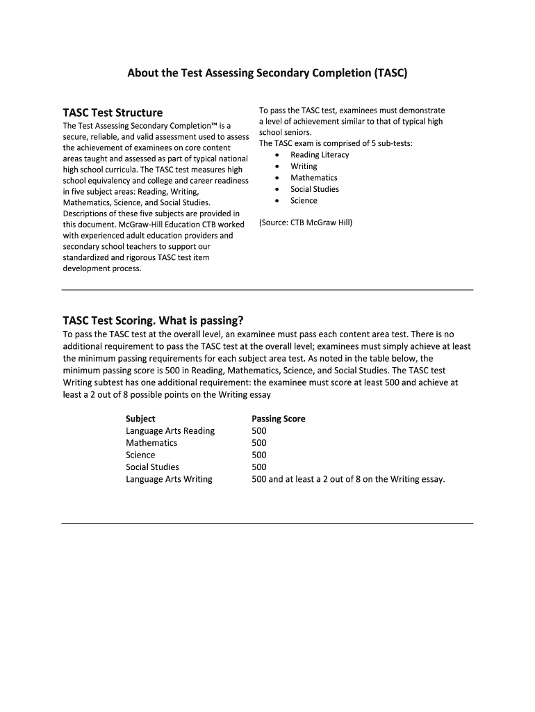 Fillable Online About the Test Assessing Secondary Completion (TASC