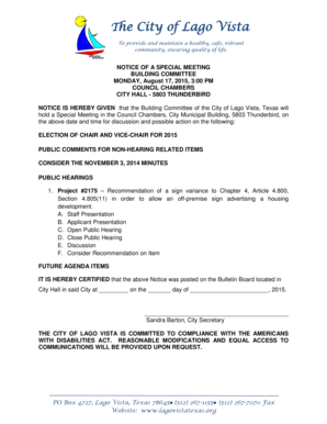 Minutes of meeting example - NOTICE IS HEREBY GIVEN that the Building Committee of the City of Lago Vista, Texas will - lagovistatexas