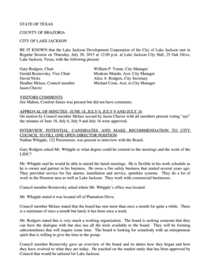 STATE OF TEXAS COUNTY OF BRAZORIA CITY OF LAKE JACKSON BE IT KNOWN that the Lake Jackson Development Corporation of the City of Lake Jackson met in Regular Session on Thursday, July 30, 2015 at 12:00 p - lakejackson-tx