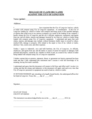 RELEASE OF CLAIM OR CLAIMS AGAINST THE CITY OF LONGVIEW - recycle longviewtexas