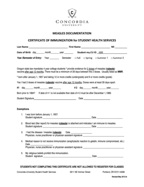 Certificate of Immunization for Student Health Services