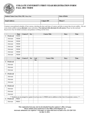 Colgate University First-Year Registration Form