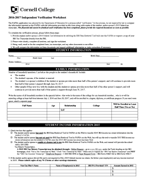 2016-2017 Independent Verification Worksheet