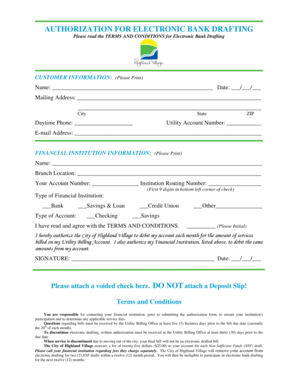 Printable checklist after death of parent - Authorization Agreement for Electronic Bank Drafting - highlandvillage