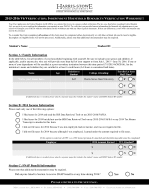 2015-2016 Independent Household Resources Verification Worksheet