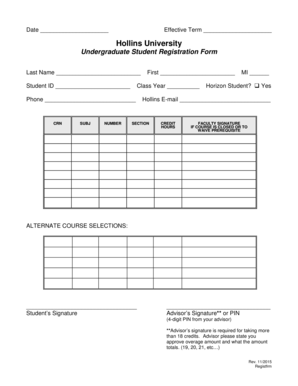 Hollins University Undergraduate Student Registration Form