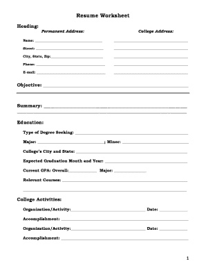Resume Worksheet Template