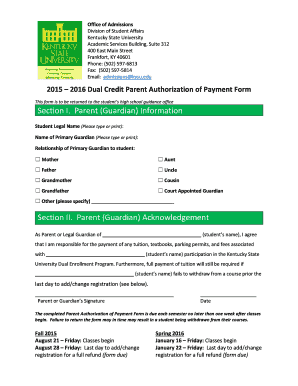 Kentucky State University Dual Credit Parent Authorization of Payment Form