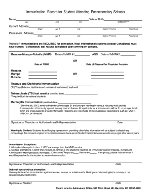 Immunization Record for Postsecondary Students