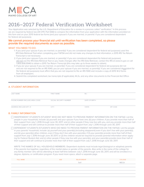 2016–2017 Federal Verification Worksheet