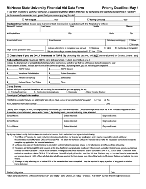 McNeese State University Financial Aid Data Form
