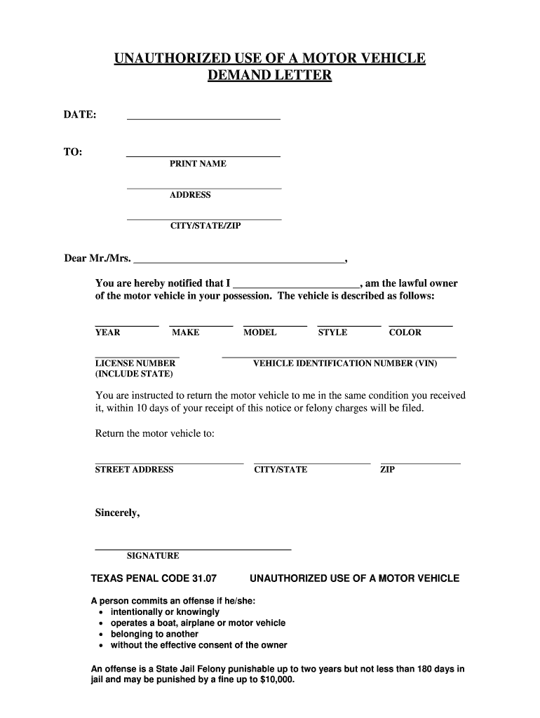 texas vehicle demand letter Preview on Page 1