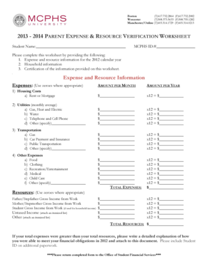 2013-2014 Parent Expense Resource Verification Worksheet