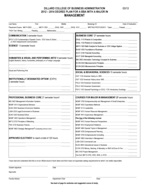 DILLARD COLLEGE OF BUSINESS ADMINISTRATION 2012 2014 DEGREE PLAN FOR A BBA WITH A MAJOR IN 03/13 MANAGEMENT Last Name First Middle Mustangs ID Date of Graduation Placement Exams: MATH 0003 - mwsu