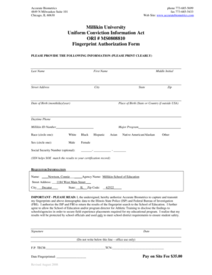 Millikin University Fingerprint Authorization Form