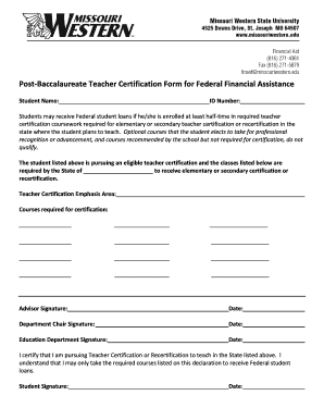 Post-Baccalaureate Teacher Certification Form