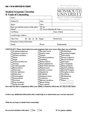 Student Symptom Checklist & Counseling Goals Form