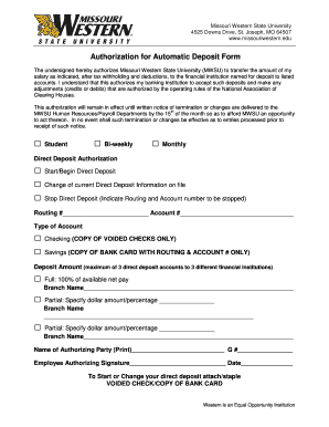 Missouri Western State University Direct Deposit Authorization Form
