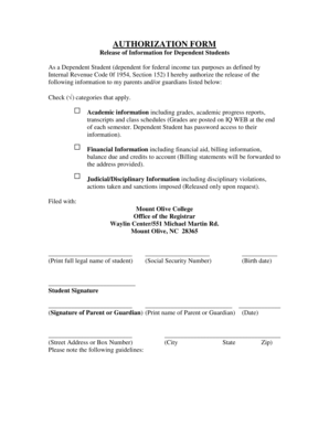 Authorization Form for Dependent Student Information Release