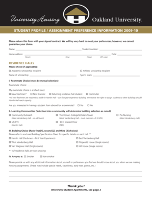 Oakland University Housing Assignment Form