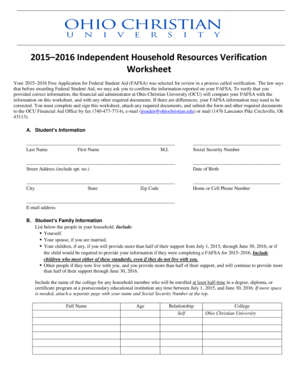 2015–2016 Independent Household Resources Verification Worksheet