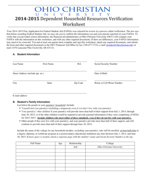 2014-2015 Dependent Household Resources Verification Worksheet