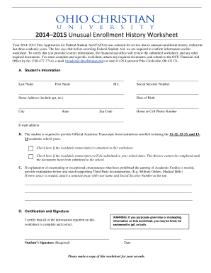 2014–2015 Unusual Enrollment History Worksheet