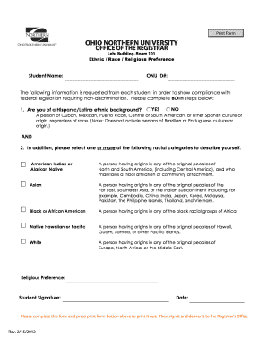 Ohio Northern University Ethnic Race Religious Preference Form