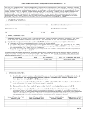 2013-2014 Mount Marty College Verification Worksheet
