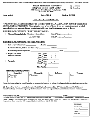 Oregon Institute of Technology Immunization Record Form