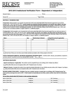 2012-2013 Institutional Verification Form