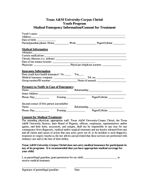 Texas A&M University Youth Medical Emergency Consent Form