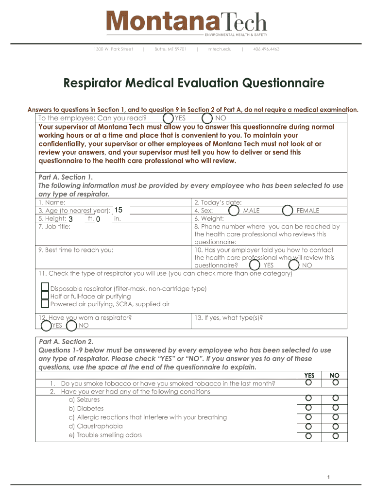 Fillable Online mtech Respirator Medical Evaluation Questionnaire