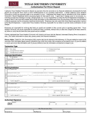 Texas Southern University Direct Deposit Authorization