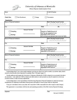 University of Arkansas Direct Deposit Authorization Form