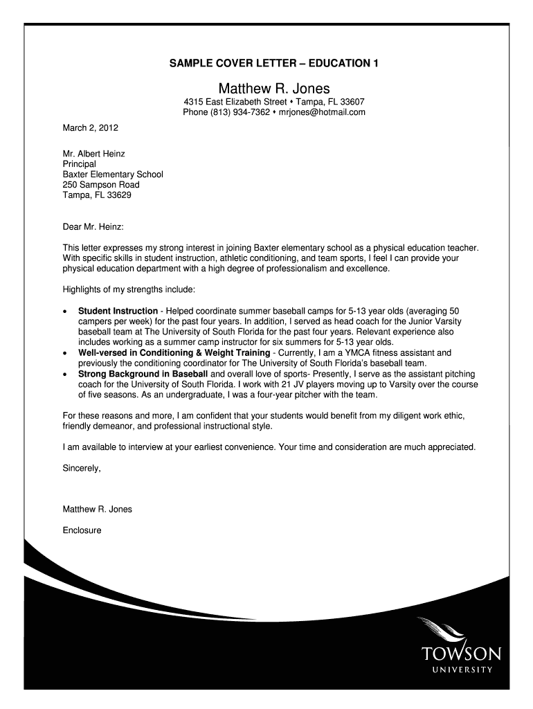 Fillable Online SAMPLE COVER LETTER EDUCATION 1 Fax Email Print pdfFiller