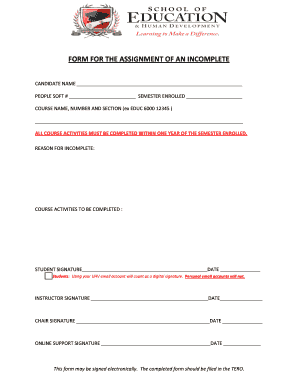University Incomplete Grade Assignment Form