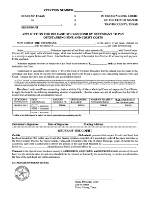 St108e - APPLICATION FOR RELEASE OF CASH BOND BY DEFENDANT TO PAY - cityofmanor