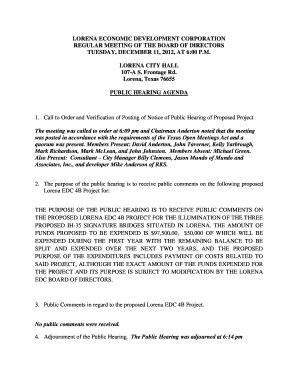 Call to Order and Verification of Posting of Notice of Public Hearing of Proposed Project - ci lorena tx