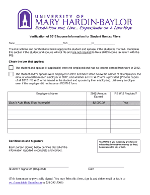 2012 Income Verification Form for Student Nontax Filers
