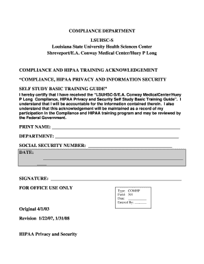 HIPAA Compliance Training Acknowledgement
