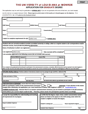 University of Louisiana at Monroe Graduate Degree Application