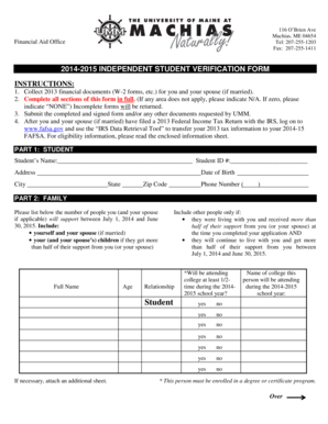 2014-2015 Independent Student Verification Form