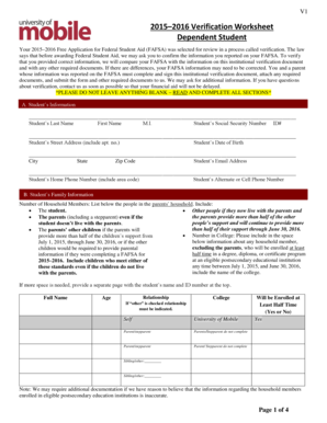 2015–2016 Verification Worksheet for Dependent Student