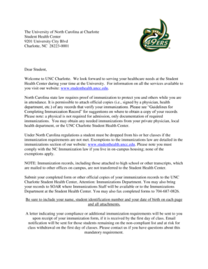 UNC Charlotte Immunization Record Form