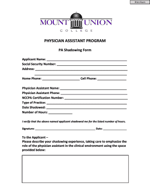 Physician Assistant Program Shadowing Form