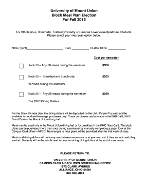 University of Mount Union Block Meal Plan Election