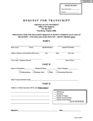 Virginia State University Transcript Request Form